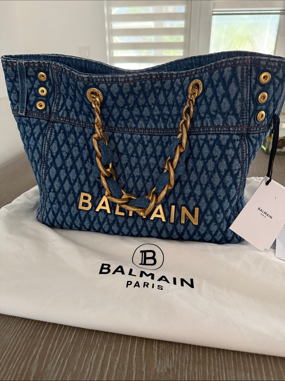 Balmain Denim Monogram Quilted Tote with Gold Chain - Picture 2 of 16